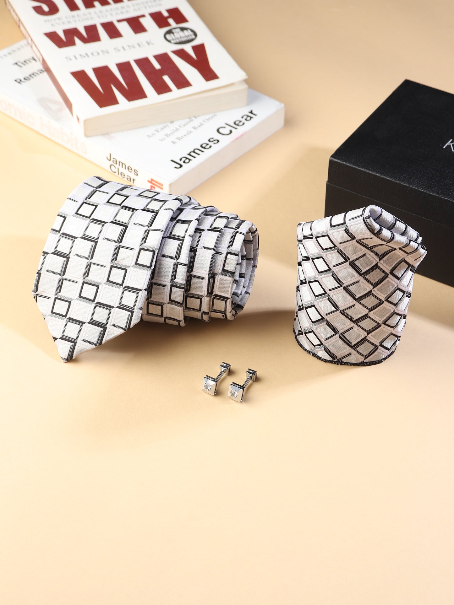 Kanthlangot Men’s 3-Piece Formal Set – Geometric Tie, Pocket Square & Crystal Cufflinks (3-Inch Necktie)