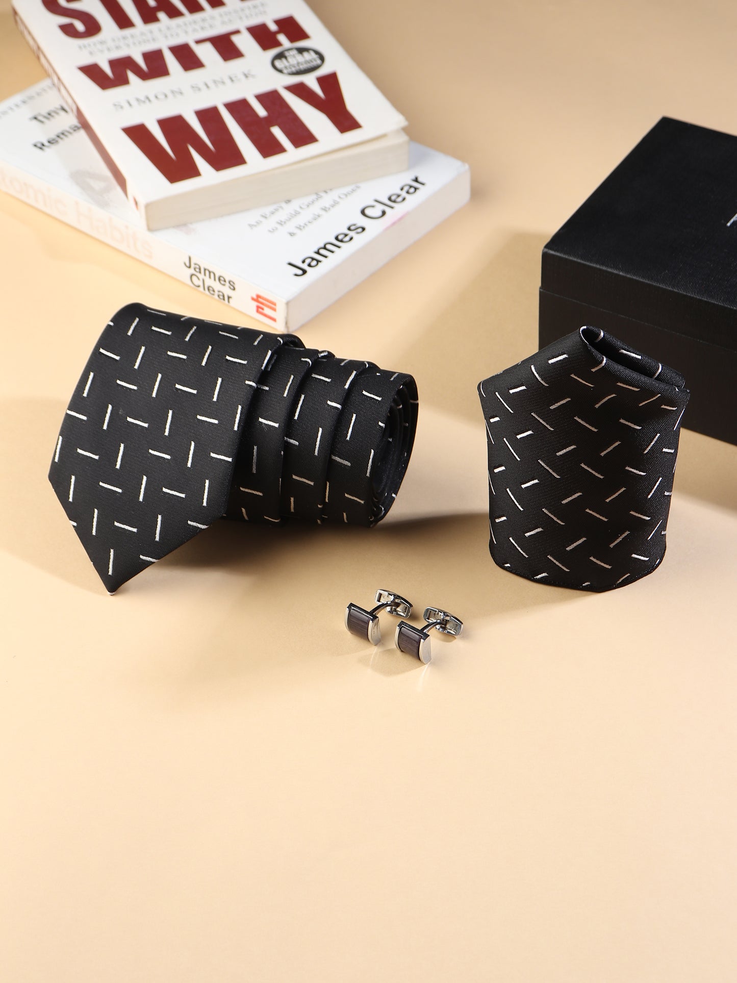 Kanthlangot Men’s 3-Piece Formal Set – Black Dash Pattern Tie, Pocket Square & Dark Silver Cufflinks (3-Inch Necktie)