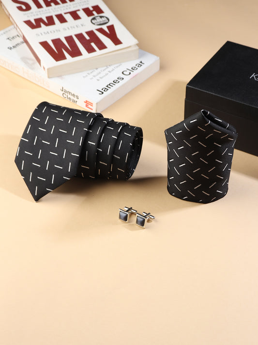 Kanthlangot Men’s 3-Piece Formal Set – Black Dash Tie, Pocket Square & Black Stone Cufflinks (3-Inch Necktie)