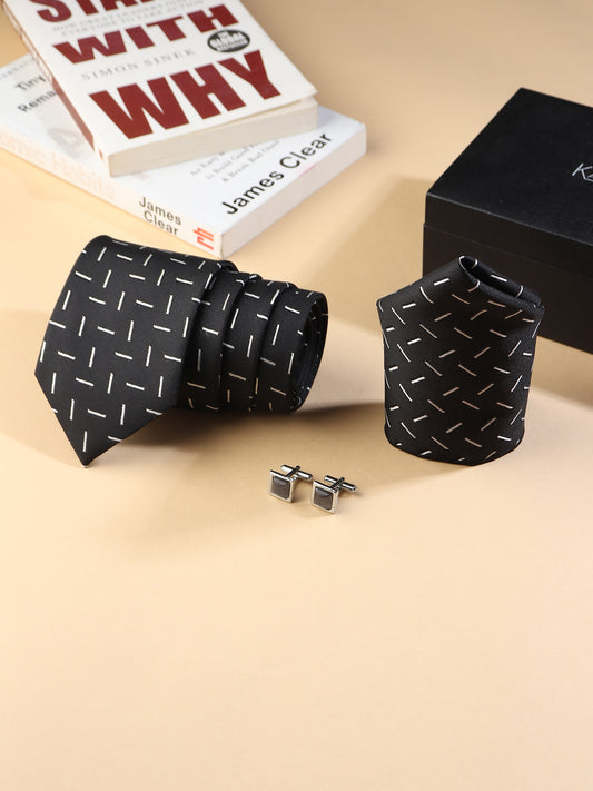 Kanthlangot Men’s 3-Piece Formal Set – Black Dash Tie, Pocket Square & Dark Stone Silver Cufflinks (3-Inch Necktie)