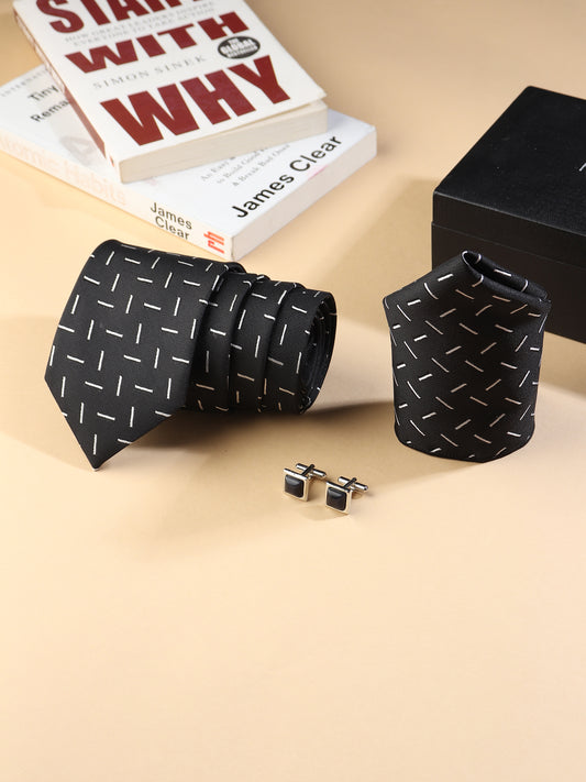 Kanthlangot Men’s 3-Piece Formal Set – Black Dash Tie, Pocket Square & Glossy Black Stone Cufflinks (3-Inch Necktie)