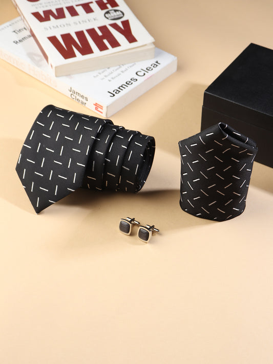 Kanthlangot Men’s 3-Piece Formal Set – Black Dash Tie, Pocket Square & Rounded Black Stone Cufflinks (3-Inch Necktie)