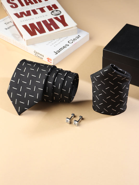 Kanthlangot Men’s 3-Piece Formal Set – Black Dash Tie, Pocket Square & Crystal Pyramid Cufflinks (3-Inch Necktie)