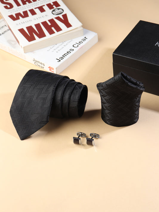Kanthlangot Men’s 3-Piece Formal Set – Black Herringbone Tie, Pocket Square & Rectangular Black Cufflinks (3-Inch Necktie)