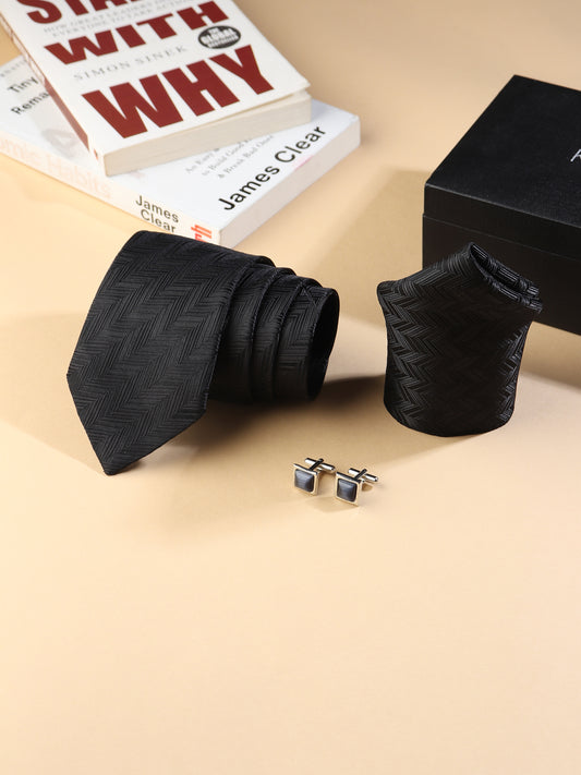 Kanthlangot Men’s 3-Piece Formal Set – Black Herringbone Tie, Pocket Square & Square Black Stone Cufflinks (3-Inch Necktie)