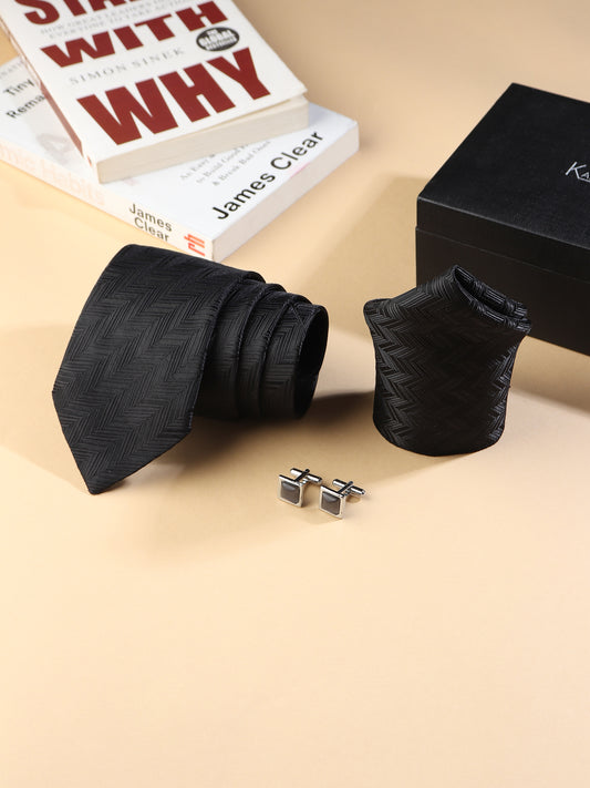 Kanthlangot Men’s 3-Piece Formal Set – Black Herringbone Tie, Pocket Square & Black Stone Cufflinks (3-Inch Necktie)