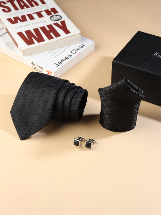 Kanthlangot Men’s 3-Piece Formal Set – Black Herringbone Tie, Pocket Square & Jet Black Stone Cufflinks (3-Inch Necktie)