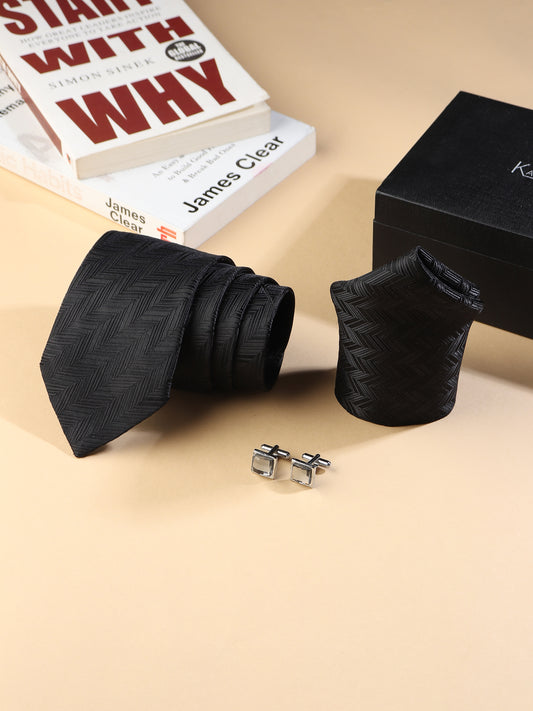 Kanthlangot Men’s 3-Piece Formal Set – Black Herringbone Tie, Pocket Square & Silver Light Stone Cufflinks (3-Inch Necktie)