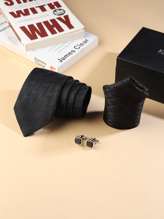 Kanthlangot Men’s 3-Piece Formal Set – Black Herringbone Tie, Pocket Square & Rounded Matte Black Cufflinks (3-Inch Necktie)