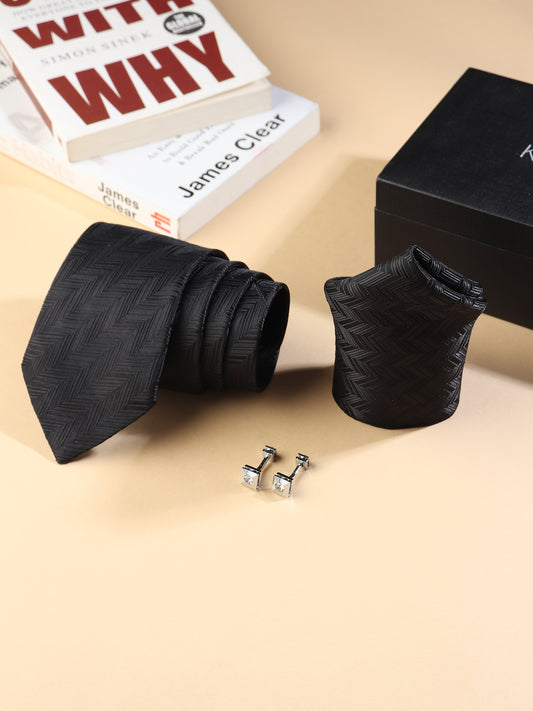 Kanthlangot Men’s 3-Piece Formal Set – Black Herringbone Tie, Pocket Square & Crystal Pyramid Cufflinks (3-Inch Necktie)