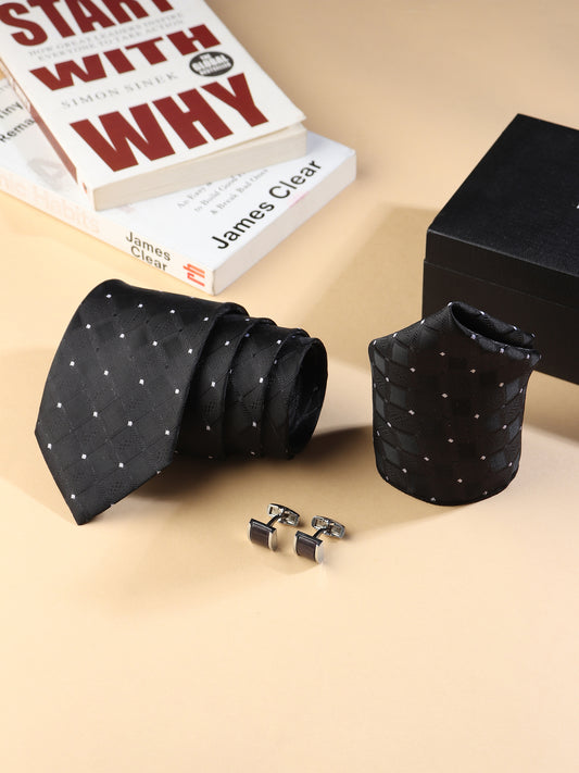 Kanthlangot Men’s 3-Piece Formal Set – Black Diamond Pattern Tie, Pocket Square & Rectangular Black Cufflinks (3-Inch Necktie)