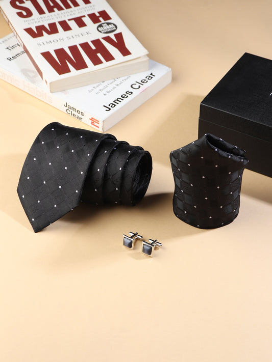 Kanthlangot black diamond pattern tie set with pocket square & rectangular black cufflinks. Elegant, detailed, and made for standout formals.