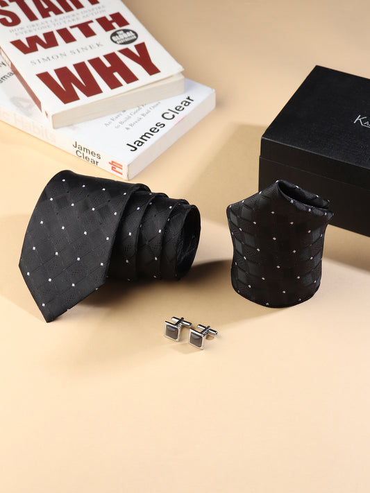 Kanthlangot Men’s 3-Piece Formal Set – Black Diamond Tie, Pocket Square & Grey Cat’s Eye Cufflinks (3-Inch Necktie)