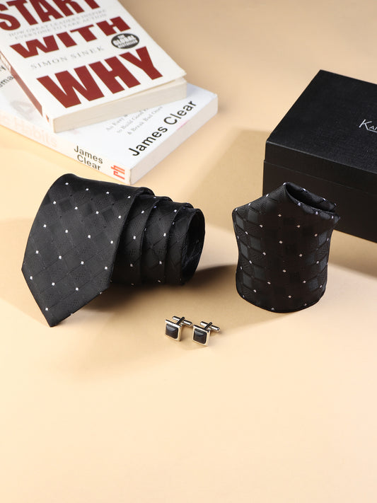 Kanthlangot Men’s 3-Piece Formal Set – Black Diamond Tie, Pocket Square & Square Jet Black Cufflinks (3-Inch Necktie)