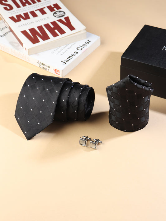 Kanthlangot Men’s 3-Piece Formal Set – Black Diamond Tie, Pocket Square & Light Stone Cufflinks (3-Inch Necktie)