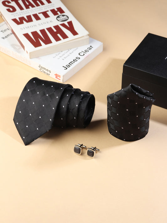 Kanthlangot Men’s 3-Piece Formal Set – Black Diamond Tie, Pocket Square & Rounded Matte Black Cufflinks (3-Inch Necktie)