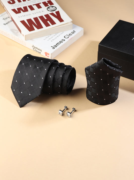 Kanthlangot black diamond tie set with pocket square & matte black rounded cufflinks. A timeless, formal look for weddings, events, or gifts.