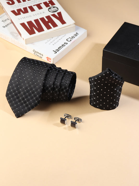 Kanthlangot Men’s 3-Piece Formal Set – Black Dot-Grid Tie, Pocket Square & Rectangular Black Cufflinks (3-Inch Necktie)