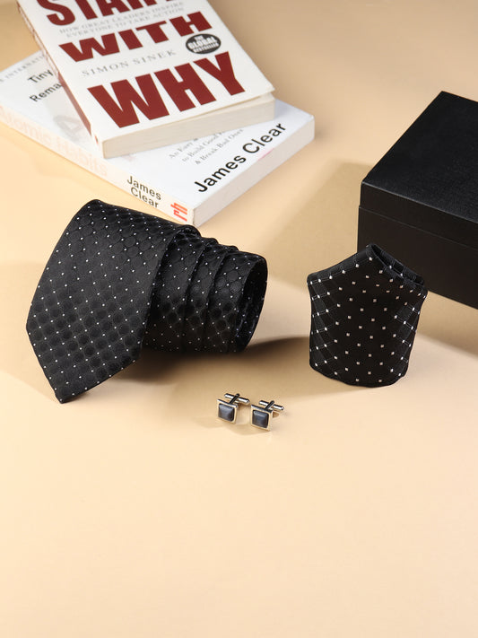 Kanthlangot Men’s 3-Piece Formal Set – Black Dot-Grid Tie, Pocket Square & Grey Cat’s Eye Cufflinks (3-Inch Necktie)