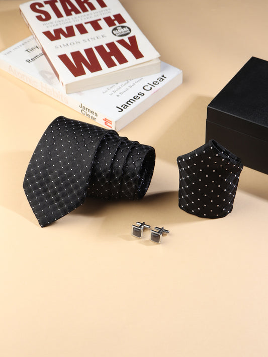 Kanthlangot Men’s 3-Piece Formal Set – Black Dot-Grid Tie, Pocket Square & Square Dark Stone Cufflinks (3-Inch Necktie)