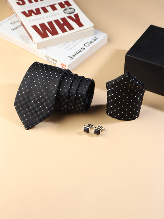 Kanthlangot Men’s 3-Piece Formal Set – Black Dot-Grid Tie, Pocket Square & Square Jet Black Cufflinks (3-Inch Necktie)