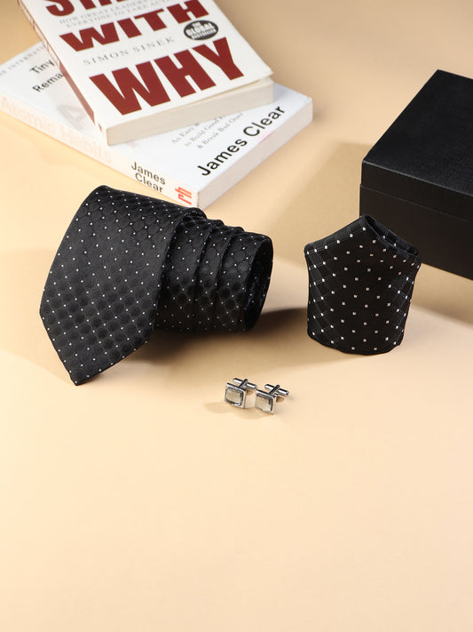 Kanthlangot Men’s 3-Piece Formal Set – Black Dot-Grid Tie, Pocket Square & Square Light Stone Cufflinks (3-Inch Necktie)