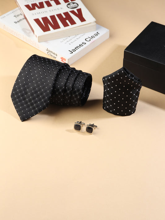 Kanthlangot Men’s 3-Piece Formal Set – Black Dot-Grid Tie, Pocket Square & Rounded Matte Black Cufflinks (3-Inch Necktie)