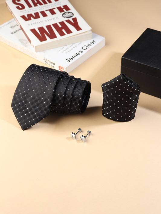 Kanthlangot Men’s 3-Piece Formal Set – Black Dot-Grid Tie, Pocket Square & Crystal Pyramid Cufflinks (3-Inch Necktie)