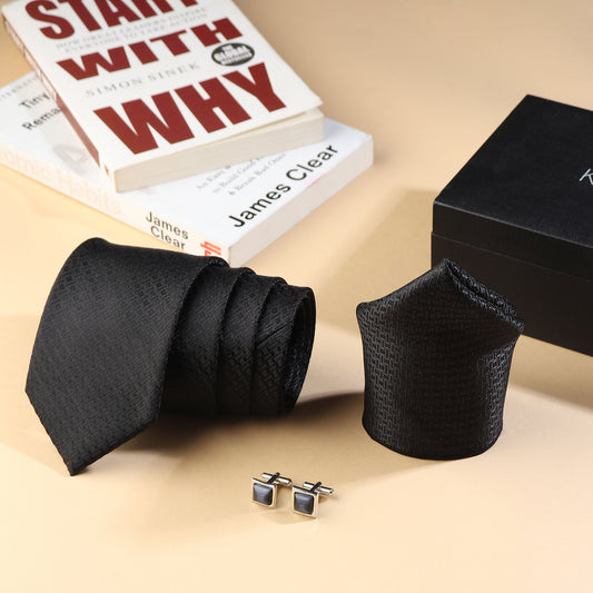 Kanthlangot Men’s 3-Piece Formal Set – Black Geometric Tie, Pocket Square & Grey Cat’s Eye Cufflinks (3-Inch Necktie)