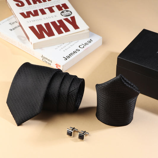 Kanthlangot Men’s 3-Piece Formal Set – Black Geometric Tie, Pocket Square & Square Dark Stone Cufflinks (3-Inch Necktie) (Copy)