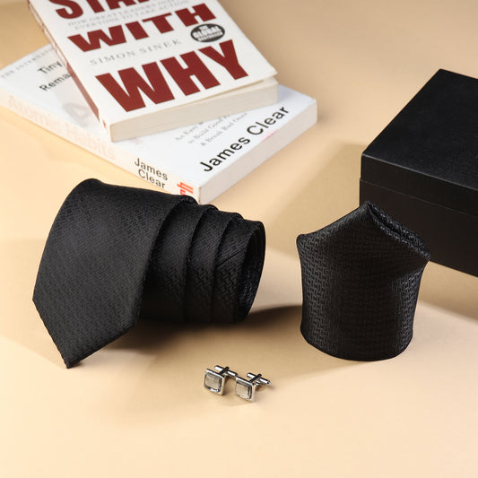 Kanthlangot Men’s 3-Piece Formal Set – Black Geometric Tie, Pocket Square & Square Light Stone Cufflinks (3-Inch Necktie)