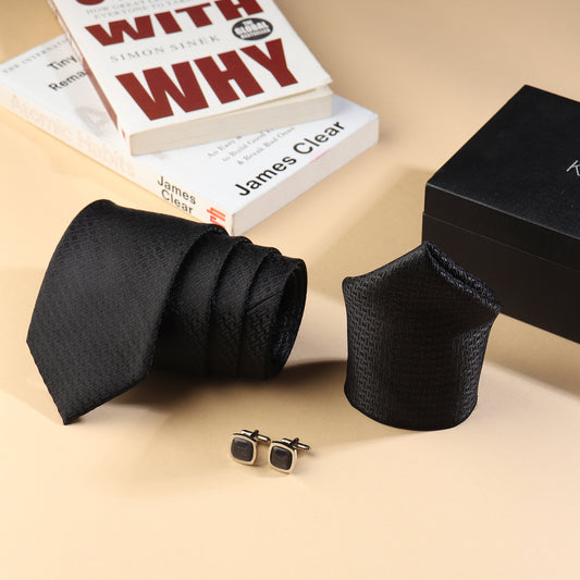 Kanthlangot Men’s 3-Piece Formal Set – Black Geometric Tie, Pocket Square & Rounded Matte Black Cufflinks (3-Inch Necktie)
