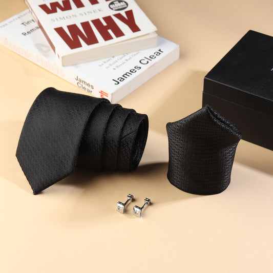 Kanthlangot Men’s 3-Piece Formal Set – Black Geometric Tie, Pocket Square & Crystal Pyramid Cufflinks (3-Inch Necktie)