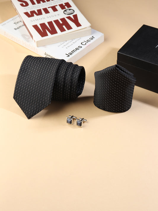 Kanthlangot Men’s 3-Piece Formal Set – Black Micro-Dash Tie, Pocket Square & Grey Cat’s Eye Cufflinks (3-Inch Necktie)
