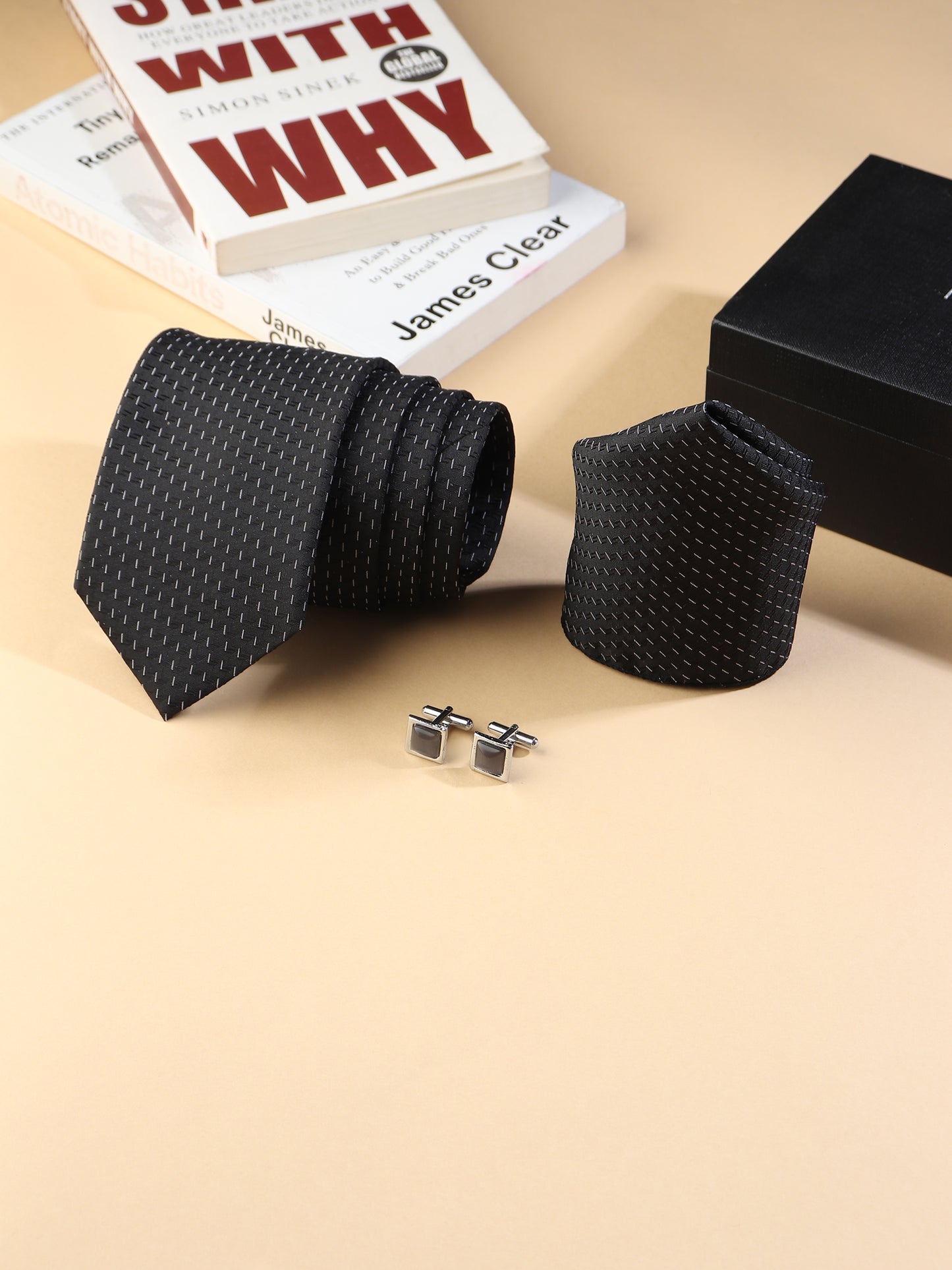 Kanthlangot Men’s 3-Piece Formal Set – Black Micro-Dash Tie, Pocket Square & Square Polished Dark Cufflinks (3-Inch Necktie)