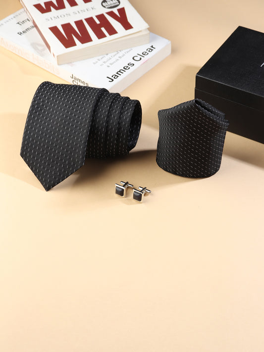 Kanthlangot Men’s 3-Piece Formal Set – Black Micro-Dash Tie, Pocket Square & Jet Black Stone Cufflinks (3-Inch Necktie)