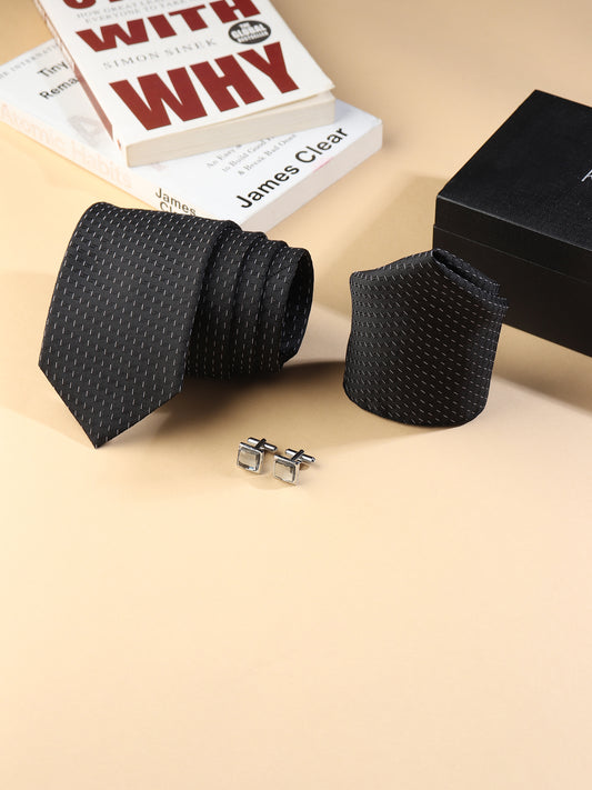 Kanthlangot Men’s 3-Piece Formal Set – Black Micro-Dash Tie, Pocket Square & Clear Stone Cufflinks (3-Inch Necktie)
