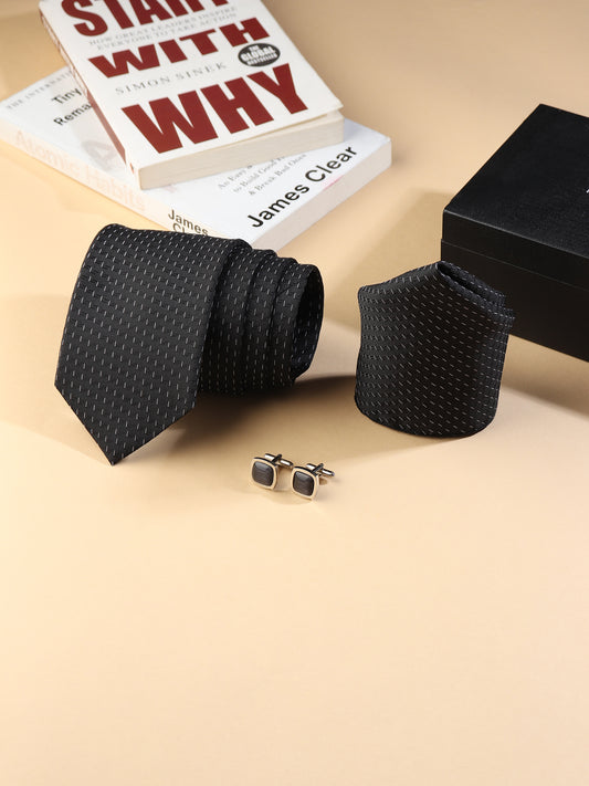 Kanthlangot Men’s 3-Piece Formal Set – Black Micro-Dash Tie, Pocket Square & Rounded Matte Black Cufflinks (3-Inch Necktie)