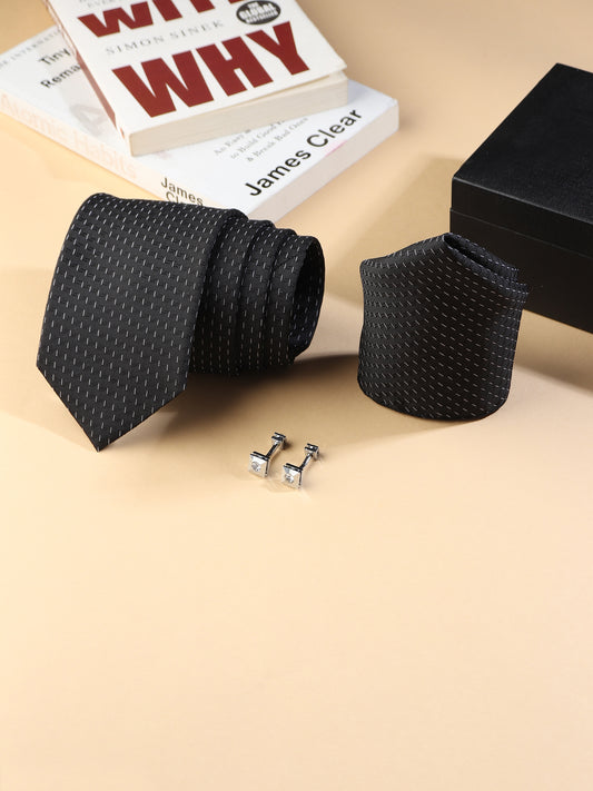 Kanthlangot Men’s 3-Piece Formal Set – Black Micro-Dash Tie, Pocket Square & Crystal Pyramid Cufflinks (3-Inch Necktie)