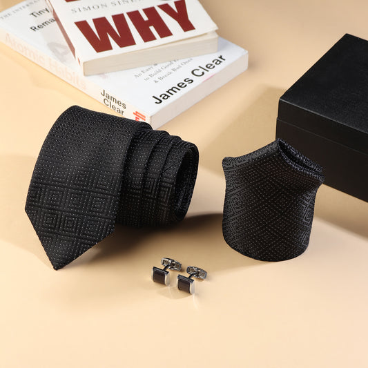 Kanthlangot Men’s 3-Piece Formal Set – Black Maze-Pattern Tie, Pocket Square & Rectangular Dark Cufflinks (3-Inch Necktie)