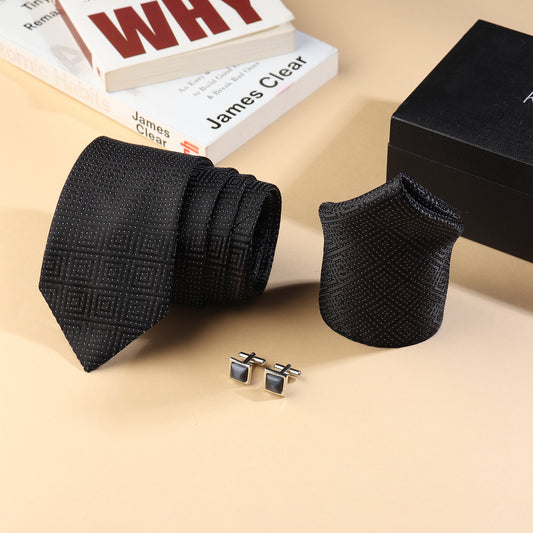 Kanthlangot Men’s 3-Piece Formal Set – Black Maze-Pattern Tie, Pocket Square & Grey Cat’s Eye Cufflinks (3-Inch Necktie)