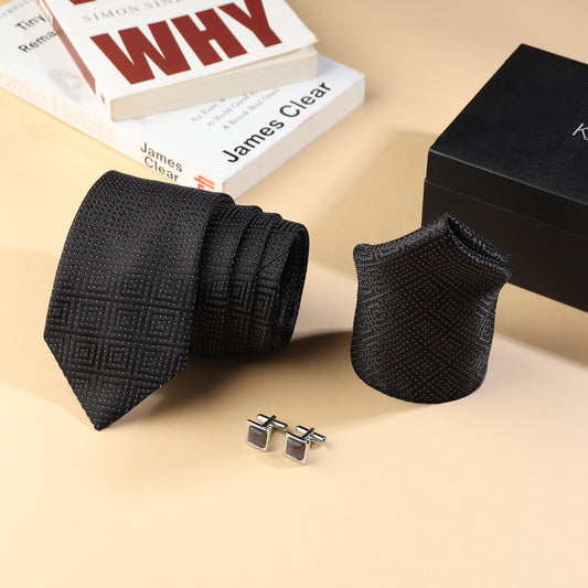 Kanthlangot Men’s 3-Piece Formal Set – Black Maze-Texture Tie, Pocket Square & Polished Grey Cufflinks (3-Inch Necktie)