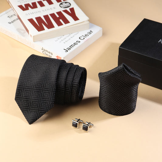 Kanthlangot Men’s 3-Piece Formal Set – Black Maze-Pattern Tie, Pocket Square & Jet Black Cufflinks (3-Inch Necktie)