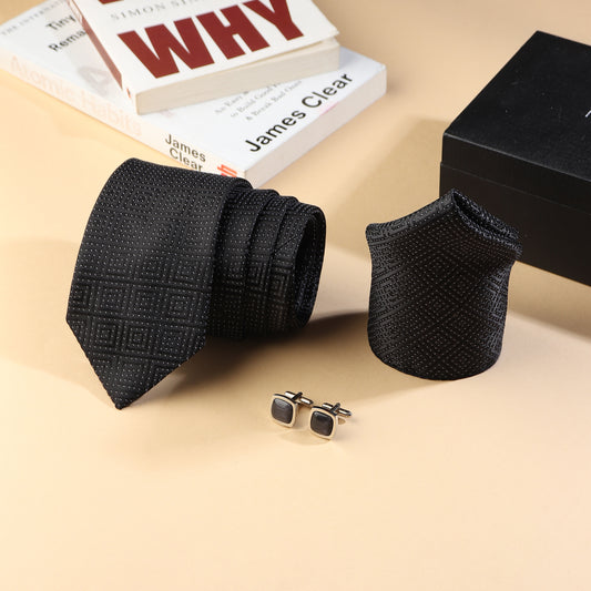 Kanthlangot Men’s 3-Piece Formal Set – Black Maze-Pattern Tie, Pocket Square & Brushed Black Cufflinks (3-Inch Necktie)