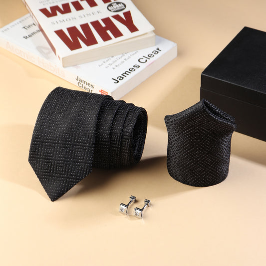 Kanthlangot Men’s 3-Piece Formal Set – Black Maze-Pattern Tie, Pocket Square & Crystal Pyramid Cufflinks (3-Inch Necktie)