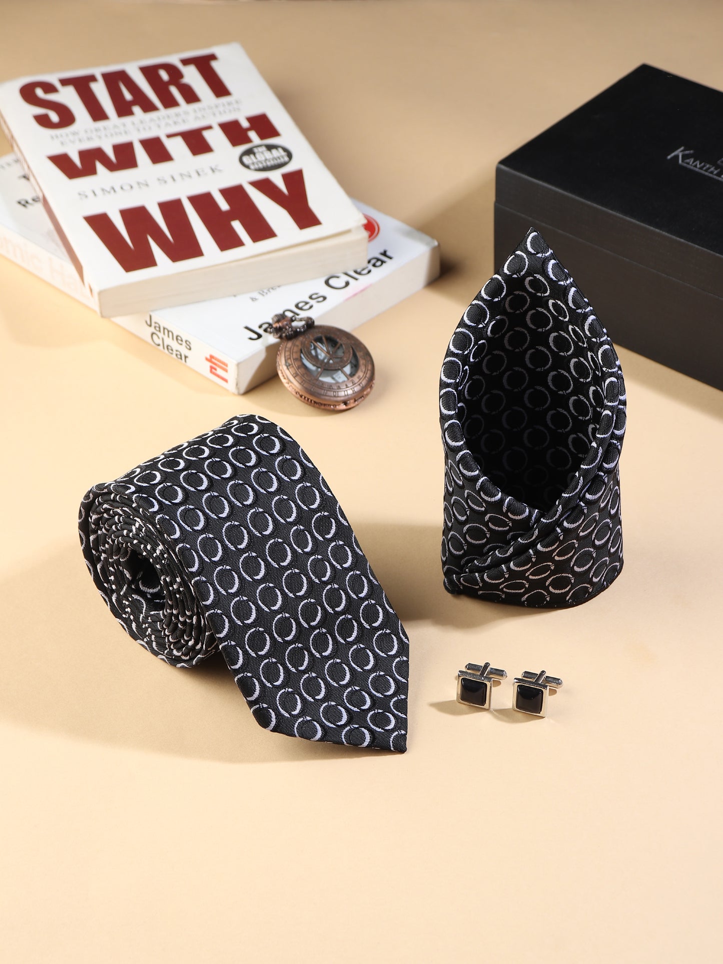 Kanthlangot Men’s 3-Piece Formal Set – Black Circle Tie, Pocket Square & Black Cufflinks (3-Inch Necktie)