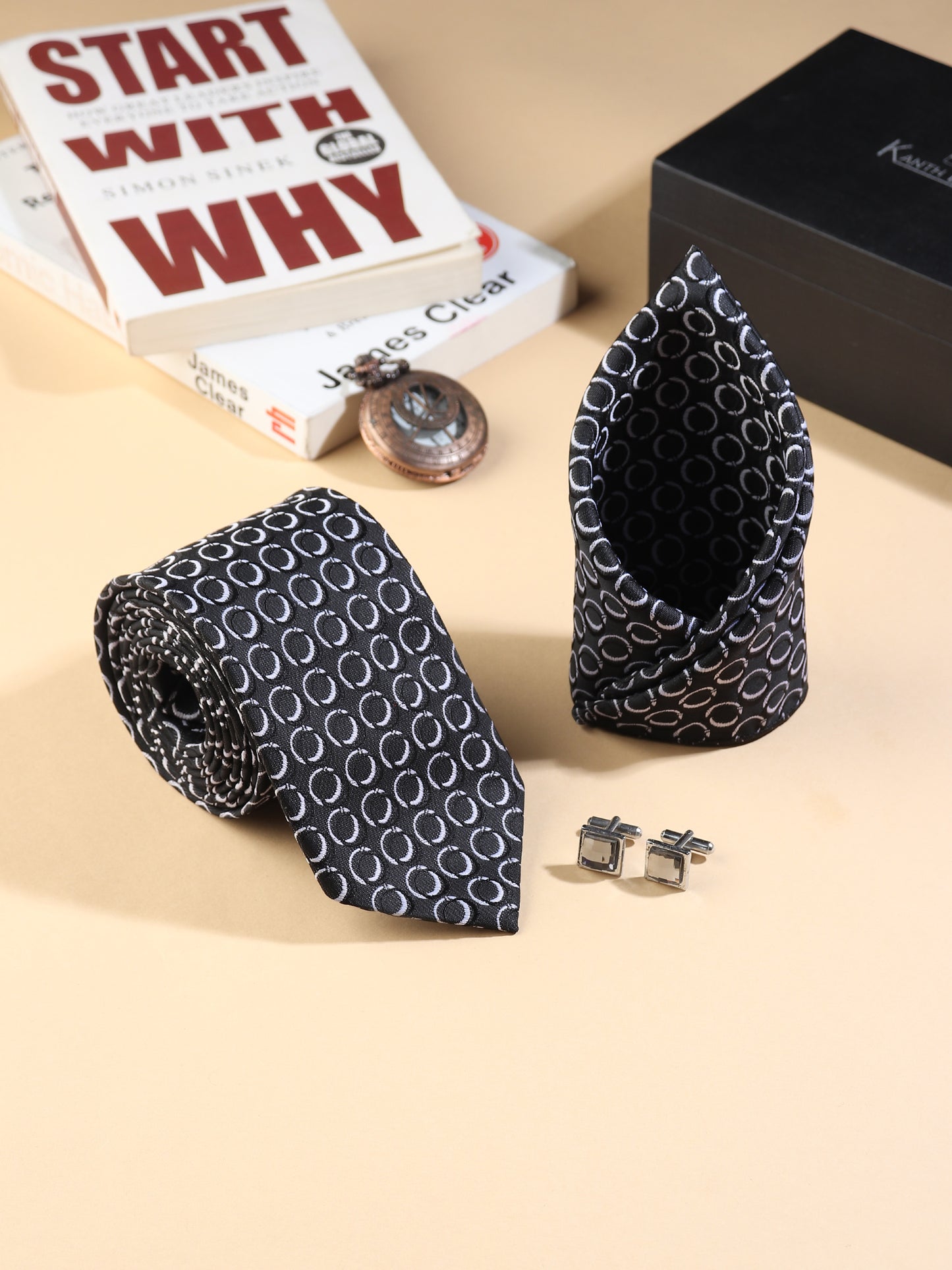 Kanthlangot Men’s 3-Piece Formal Set – Black Circle Tie, Pocket Square & Light Silver Cufflinks (3-Inch Necktie)