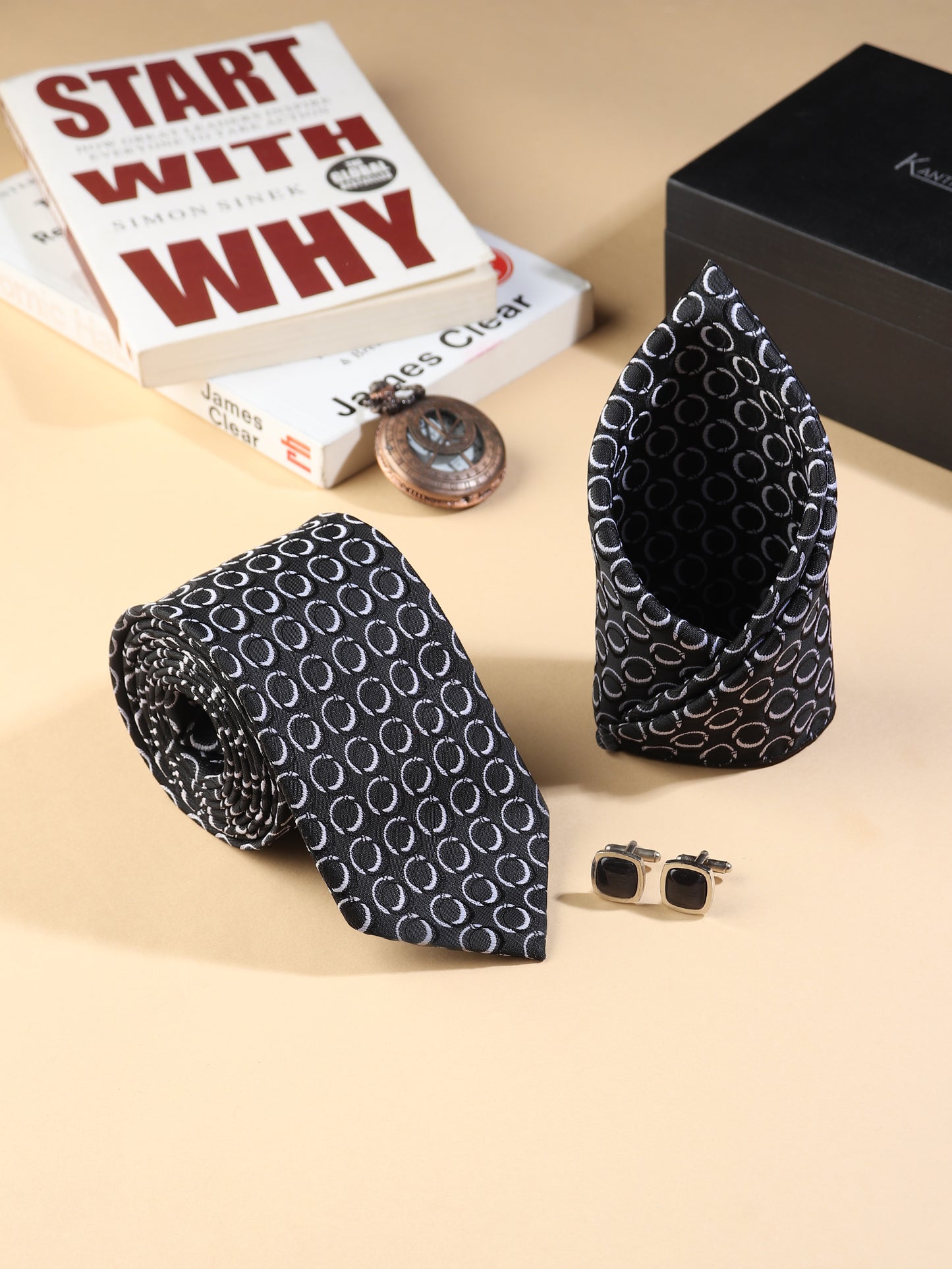 Kanthlangot Men’s 3-Piece Set – Black Circle Tie, Pocket Square & Silver Round Cufflinks (3-Inch Necktie)