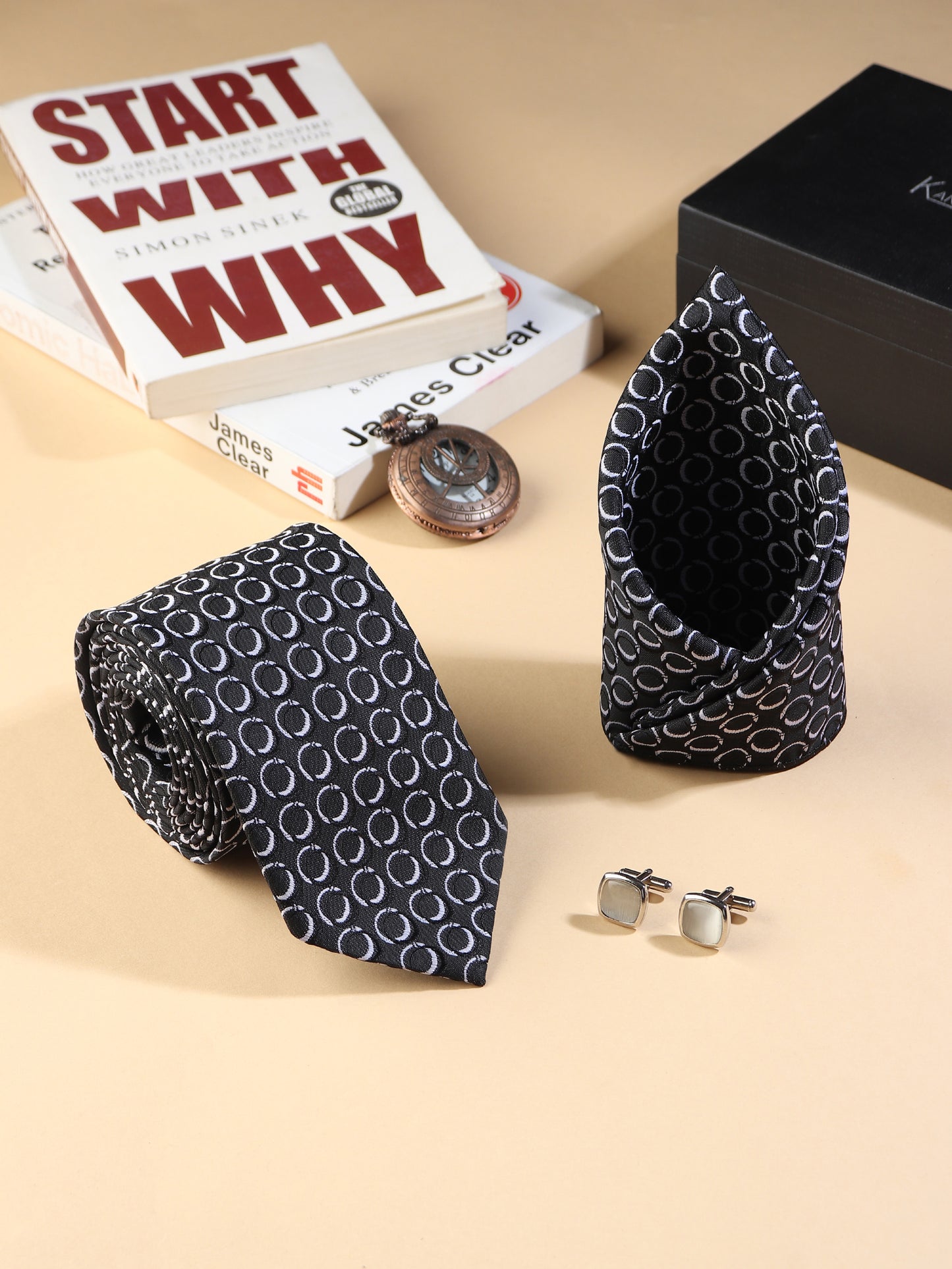 Kanthlangot Men’s 3-Piece Formal Set – Black Circle Pattern Tie, Pocket Square & Cufflinks (3-Inch Necktie)