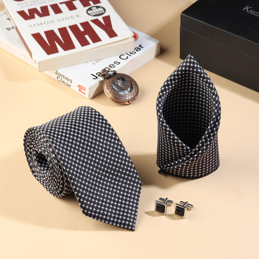 Kanthlangot Men’s 3-Piece Formal Set – Black Micro-Check Tie, Pocket Square & Premium Black Stone Cufflinks (3-Inch Necktie)